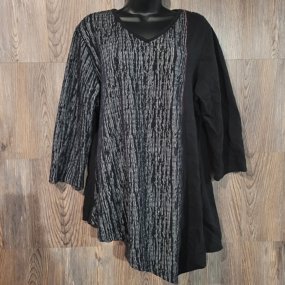 Parsley & Sage Asymmetric Tunic XL Abstract Black Textured 3/4 Slv Art to Wear